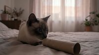 A Siamese cat with dark points sits on a bed next to a cardboard tube, with soft natural light filtering through sheer curtains and potted plants visible in the background.