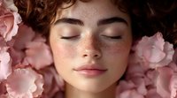 Young woman with freckles and closed eyes surrounded by delicate pink roses, expressing serenity and natural beauty. Soft dreamy beauty portrait for wellness and skincare.