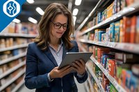 Young Caucasian businesswoman in glasses and blue blazer using digital tablet while checking inventory in supermarket aisle. Retail management and technology concept.