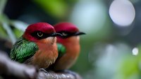 Two colorful bee-eaters perched on branch with vibrant red heads and green plumage in natural habitat with soft bokeh background for wildlife photography.