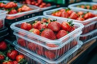 Fresh ripe strawberries in transparent plastic containers at farmers market, showcasing vibrant red color and natural texture for food industry use.