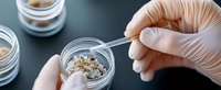 Laboratory technician in protective gloves examining grain samples in petri dish using tweezers. Close up view of quality control and research in agriculture.