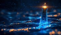 Glowing lighthouse beacon illuminates dark stormy sea with magical blue light effect and bokeh particles, creating mystical maritime atmosphere at night.