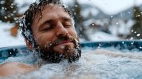 Middle-aged Caucasian man with beard relaxing in outdoor hot tub during winter snowfall, enjoying spa wellness retreat and hydrotherapy treatment.
