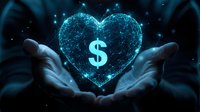 Glowing blue dollar sign inside digital heart shape floating above cupped hands against dark background, representing financial care and money management.