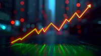Glowing yellow upward trend line chart against dark cityscape background with bokeh lights and green digital grid floor.