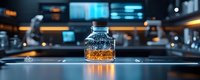 Glass jar with glowing amber liquid on reflective surface against blurred modern interior background with dramatic lighting and bokeh effects.
