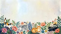 Watercolor illustration of an orange tabby cat surrounded by blooming flowers and botanical foliage, isolated on white background for design projects.