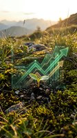 Young seedling sprouting in soil with upward trending green arrow graph overlay showing growth, sustainability, and future projections in mountain landscape setting for business and environmental concepts.