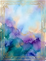Watercolor abstract background with soft blending of purple, blue, teal, and gold tones, framed by ornate art deco border. Suitable for invitations, cards, and design projects.