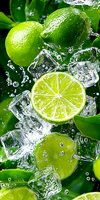 Fresh limes with water splashes and ice cubes on green background, dynamic composition with frozen motion and citrus slice for beverage advertising.