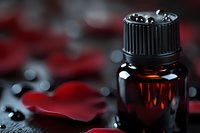 Essential oil bottle with dropper cap surrounded by red rose petals on dark surface for aromatherapy and natural wellness treatments.