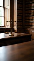 Brass scales of justice on wooden desk in traditional law library with vintage books for legal and attorney office concepts.