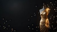 Elegant sleeveless dress with draped fabric and golden light particles flowing around it against dark background for fashion and luxury design projects.