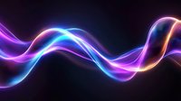 Glowing neon light waves in blue, purple and orange colors flowing smoothly on black background create dynamic abstract composition for modern design projects.