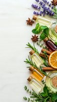 Essential oils in glass bottles with fresh herbs, spices and aromatherapy ingredients arranged on white wooden background with copy space for natural wellness.