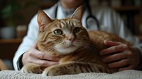 Ginger cat receiving medical examination from veterinarian. Close up portrait of relaxed domestic feline during wellness checkup at veterinary clinic.