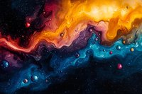 Vibrant cosmic nebula with swirling orange and blue colors against starry space background, featuring fluid abstract patterns and celestial formations.