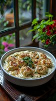 Creamy tortellini pasta baked with golden breadcrumb topping and fresh herbs in white ceramic dish, window light and red flowers in background, cozy home setting.