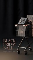 Shopping cart filled with wrapped gift boxes and shopping bags against dark background, promoting seasonal retail discounts and promotional sales events.