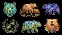 Six decorative bear clipart set isolated on transparent background, ready for t-shirt design, stickers, sublimation, and print on demand projects.
