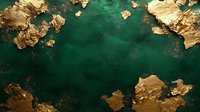 Luxurious emerald green and gold abstract background with metallic gold leaf texture frame. Rich marble effect with deep forest green center creates elegant design surface.