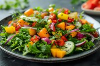 Fresh colorful summer salad with mango cubes, cucumber, red onion, and mixed greens on black ceramic plate, perfect for healthy lifestyle and food photography.
