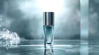 Elegant glass perfume bottle reflecting in water surface with dreamy teal background and droplet effects creates luxurious cosmetic atmosphere.