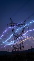 Electrical transmission tower with dramatic lightning bolts and energy effects against dark blue night sky for power and electricity concepts.