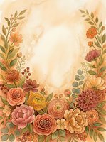 Watercolor floral frame with roses, peonies and ranunculus in warm earth tones on a vintage beige background with copy space.