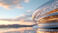 Open book pages with magical glowing sparkles against sunset sky and mountain silhouette, creating dreamy atmosphere for fantasy and education concepts.