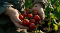 Fresh ripe cherry tomatoes on vine held in farmer's hands against green garden background, natural organic produce harvesting moment.