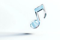 Transparent blue glass musical note floating against white background, creating soft shadow beneath. Perfect for music-related designs.
