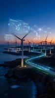Smart wind farm with digital interface displaying renewable energy data and analytics at sunset for sustainable technology presentations.