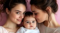 Two young women with natural makeup and messy buns embracing sweet baby with big eyes against pink background, expressing tender family moments and motherly love.