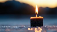 Glowing candle on snowy surface against blurred winter sunset background creates peaceful atmospheric mood with bokeh lights and warm flame.