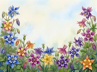 Watercolor columbine flowers in purple, blue, yellow and orange bloom across a soft background with copy space for cards and prints.