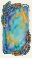 Watercolor frame with decorative feathers in blue and orange tones, ethnic ornamental border design for bohemian style projects and artistic layouts.