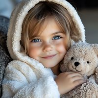 Young Caucasian girl with bright blue eyes and freckles wearing cozy white hooded blanket, holding plush teddy bear toy, expressing joy and innocence in warm indoor setting.
