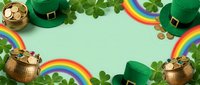 Leprechaun hats, gold coins, rainbows and shamrock clovers arranged on mint green background for St. Patrick's Day celebrations and festive holiday designs.