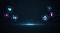 Digital commerce icons floating on dark blue technology background with glowing network connections for business and ecommerce applications.