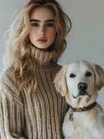 Young Caucasian woman with wavy blonde hair wearing beige knit turtleneck sweater posing with golden retriever dog against neutral background.
