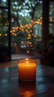 Glowing orange scented candle in glass jar on wooden table with soft bokeh lights in background creates cozy atmospheric evening mood.