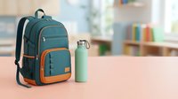 Student backpack in teal and orange with water bottle on desk, suitable for back-to-school designs, educational content, and lifestyle marketing materials.