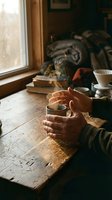 Hands holding warm coffee mug at rustic wooden table by window with cozy morning light creating peaceful atmosphere for relaxation and comfort.