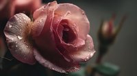 Pink rose with water droplets blooming in garden with soft natural lighting and blurred background creating romantic floral composition for spring designs.