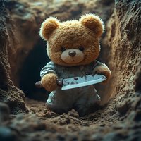 Creepy teddy bear in dirty overalls holding bloody knife stands in dark soil hole, horror concept for Halloween season and spooky storytelling background.