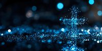 Glowing blue cross made of sparkling particles against dark background with bokeh lights, spiritual and religious concept for faith-based designs.