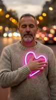 Middle-aged Caucasian man with beard holding glowing pink neon heart on chest in urban evening setting with bokeh lights for wellness and self-care concepts.