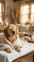 Golden retriever dog wearing bathrobe with cucumber slices on eyes relaxing at luxury spa wellness center with candles and natural lighting.